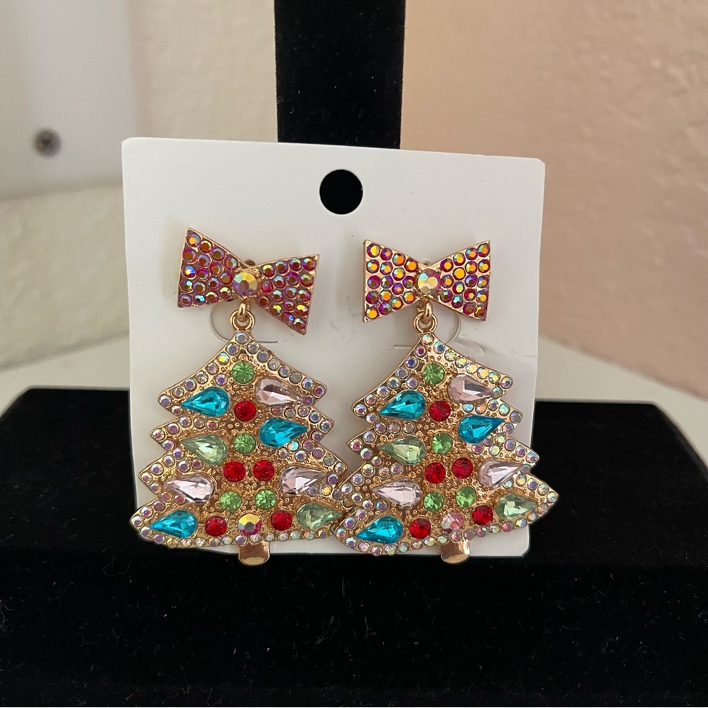 NWT Colorful Rhinestone Christmas Tree Dangle Earrings - Picture 1 of 5
